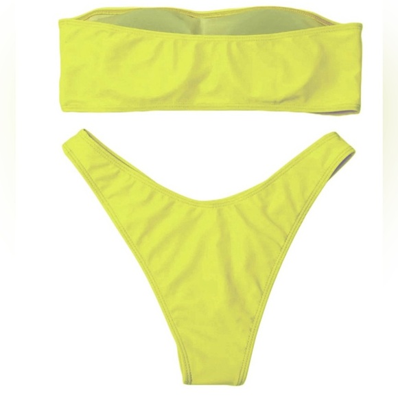 Caution "Slippery When Wet" Yellow Bandeau High Cut Bikini Set - Picture 5 of 10